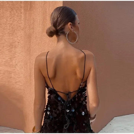 Zola Halterneck Sequined Dress - back shot on model, black - Miss Mosa By Akanksha
