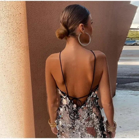 Zola Halterneck Sequined Dress - back shot on model, silver - Miss Mosa By Akanksha