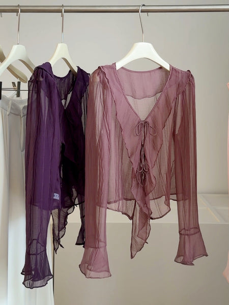 Zoya Ruffle Summer Shrugs - flat-lay shot, purple and mauve pink - Miss Mosa By Akanksha