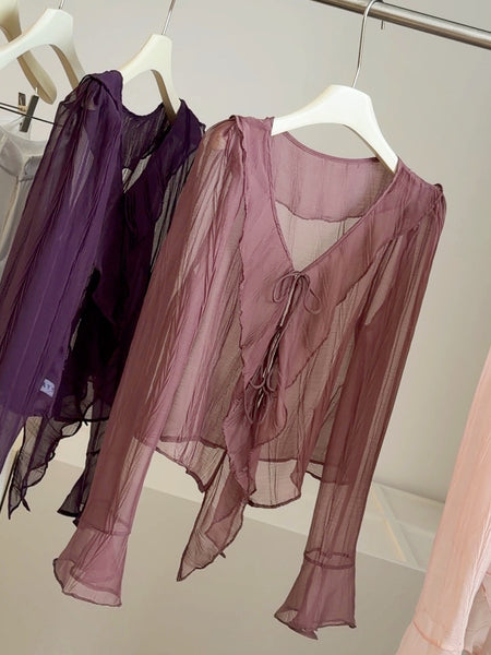 Zoya Ruffle Summer Shrugs - flat-lay shot, purple and mauve pink - Miss Mosa By Akanksha