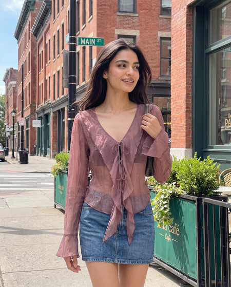 Zoya Ruffle Summer Shrugs - full-length front shot on model, dusty mauve pink - Miss Mosa By Akanksha