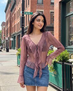 Zoya Ruffle Summer Shrugs - front shot on model, dusty mauve pink - Miss Mosa By Akanksha