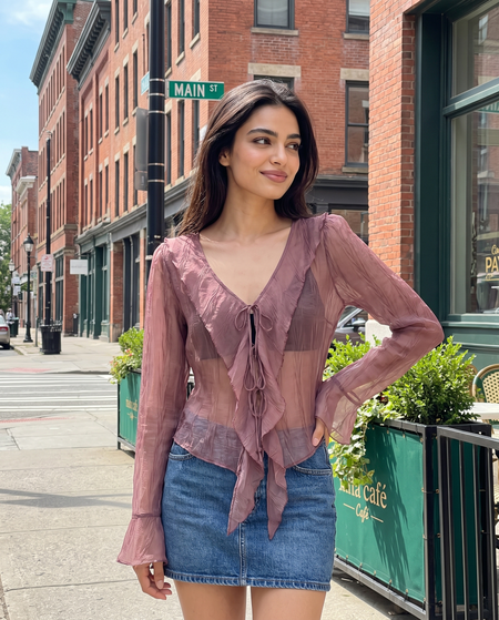 Zoya Ruffle Summer Shrugs - front shot on model, dusty mauve pink - Miss Mosa By Akanksha