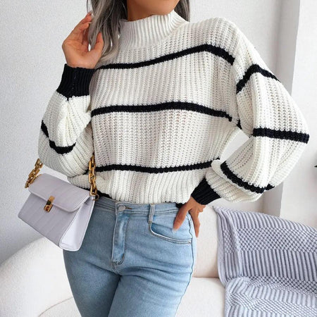 Zuma Striped Sweater in White - front shot on model, white - Miss Mosa By Akanksha