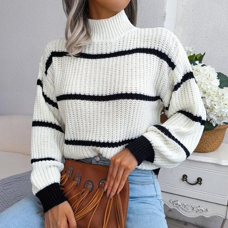 Zuma Striped Sweater in White - front shot on model, white - Miss Mosa By Akanksha