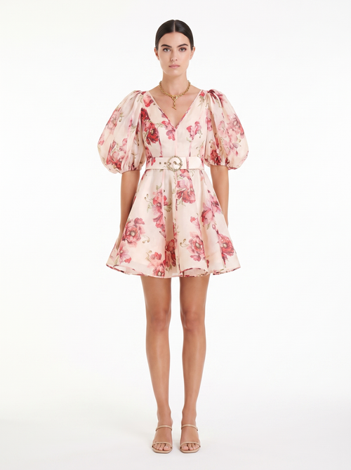 Zariah Luxe Belted Statement Dress In Peach