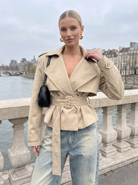 Jett beige cropped trench coat with belted waist and peplum hem, street style