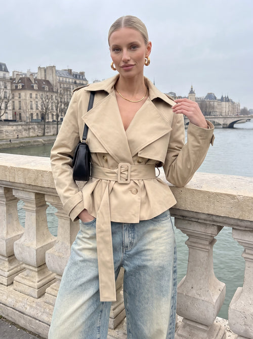 Jett Double Breasted Short Trench Coat With Belt