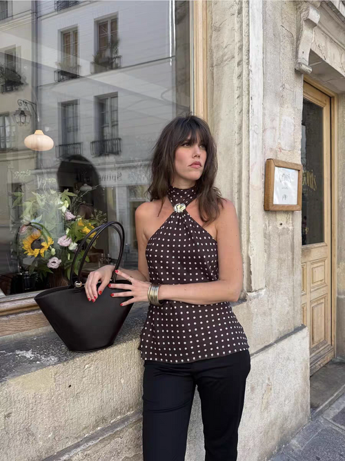 Gabrielle Top With Attached Scarf In Brown