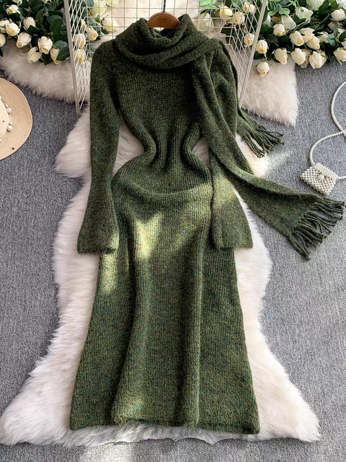 Micola Woolen Dress With Scarf In Olive