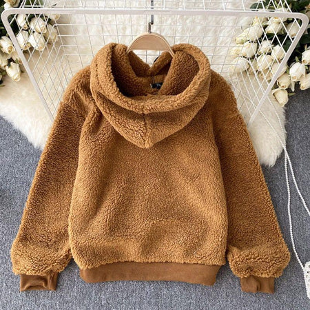 Adam Fluffy Hoodies - front shot on hanger, brown - Miss Mosa By Akanksha