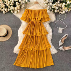 Adele Statement Tiered Dress - front shot on hanger, yellow - Miss Mosa By Akanksha