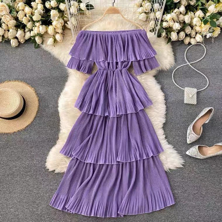 Adele Statement Tiered Dress - front shot on hanger, purple - Miss Mosa By Akanksha