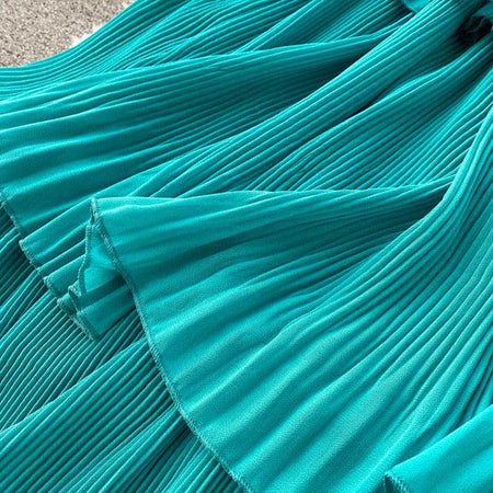 Adele Statement Tiered Dress - close-up of pleated fabric, teal - Miss Mosa By Akanksha
