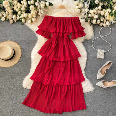 Adele Statement Tiered Dress - front shot on hanger, red - Miss Mosa By Akanksha