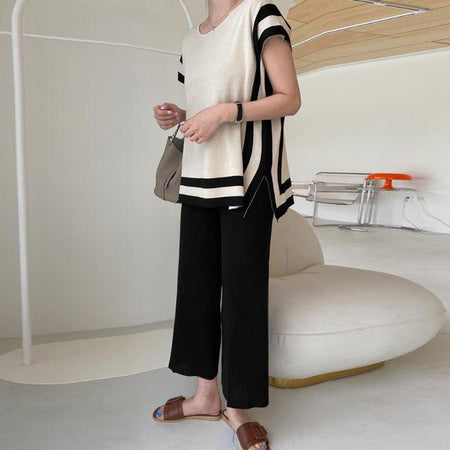 Aesthia Ribbed Coord Set - lifestyle shot on model, beige - Miss Mosa By Akanksha