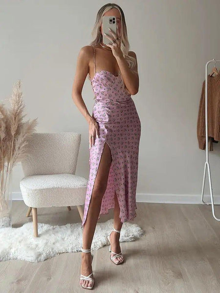 Agatha floral midi dress with slit in Pink - full-length shot on model, pink - Miss Mosa By Akanksha