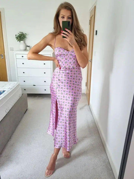 Agatha floral midi dress with slit in Pink - full-length shot on model, pink - Miss Mosa By Akanksha