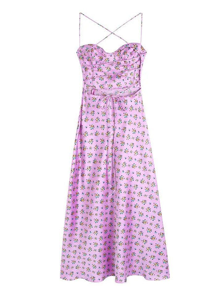 Agatha floral midi dress with slit in Pink - back shot on hanger, pink - Miss Mosa By Akanksha