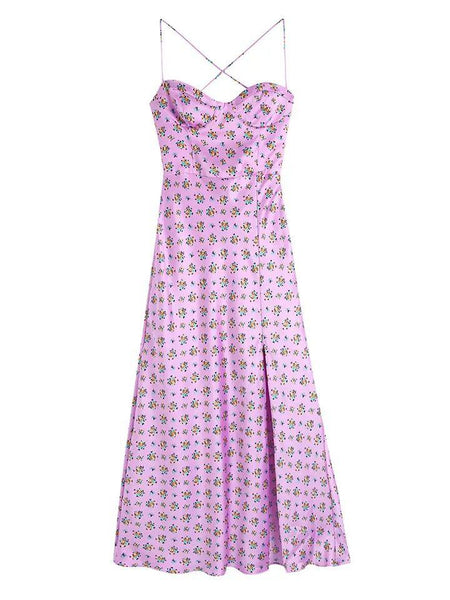 Agatha floral midi dress with slit in Pink - front shot on hanger, pink - Miss Mosa By Akanksha