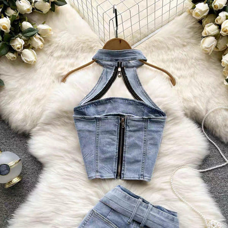 Alexus Coord Set In Blue - close-up of crop top, blue - Miss Mosa By Akanksha