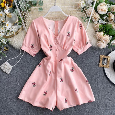 Alicia Floral Romper - back shot on hanger, pink floral - Miss Mosa By Akanksha
