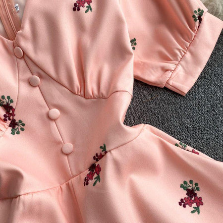 Alicia Floral Romper - close-up of button placket, pink floral - Miss Mosa By Akanksha