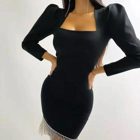 Alora Statement Embellished Dress In Black - front shot on model, black - Miss Mosa By Akanksha