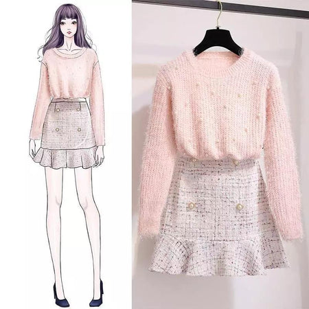 Altman Sweater And Tweed Skirt Set - front shot on hanger, pink - Miss Mosa By Akanksha