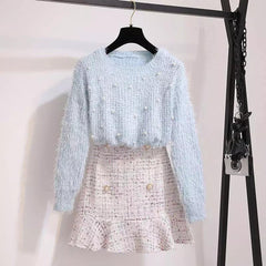 Altman Sweater And Tweed Skirt Set - front shot on hanger, light blue - Miss Mosa By Akanksha