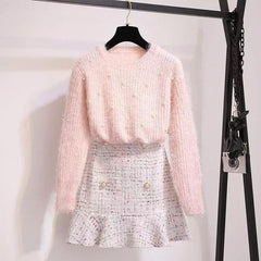 Altman Sweater And Tweed Skirt Set - front shot on hanger, pink - Miss Mosa By Akanksha
