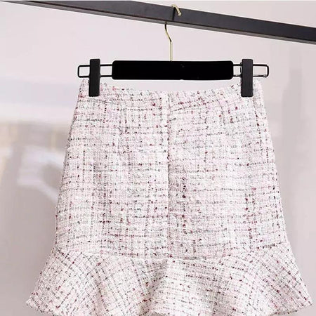 Altman Sweater And Tweed Skirt Set - close-up of tweed skirt, pink - Miss Mosa By Akanksha