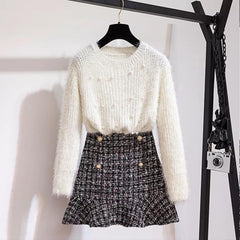 Altman Sweater And Tweed Skirt Set - front shot on hanger, white - Miss Mosa By Akanksha