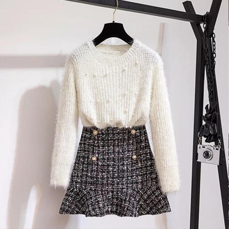 Altman Sweater And Tweed Skirt Set - front shot on hanger, white - Miss Mosa By Akanksha