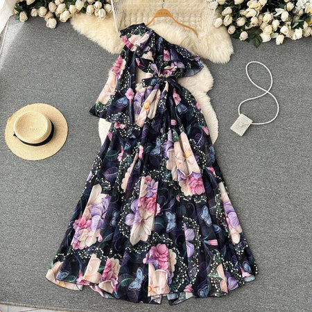 Alyssa Floral Dress In Dark Blue - styled flat-lay shot, black - Miss Mosa By Akanksha
