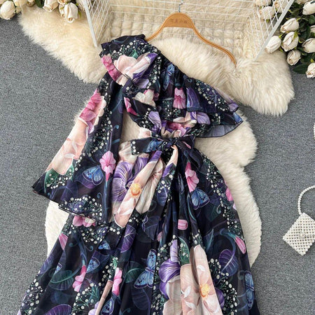 Alyssa Floral Dress In Dark Blue - styled flat-lay shot, black - Miss Mosa By Akanksha