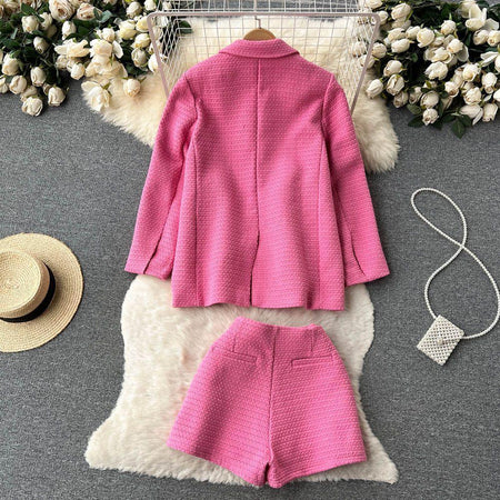 Amara Blazer and Shorts Coords In Pink - styled flat-lay shot, pink - Miss Mosa By Akanksha