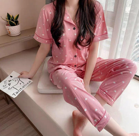 Anya Cotton Nightsets - front shot on model, pink - Miss Mosa By Akanksha