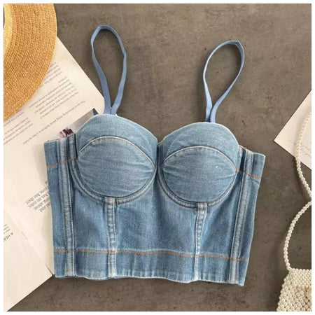 Aster Denim Bustier In Blue - flat-lay product shot, blue - Miss Mosa By Akanksha
