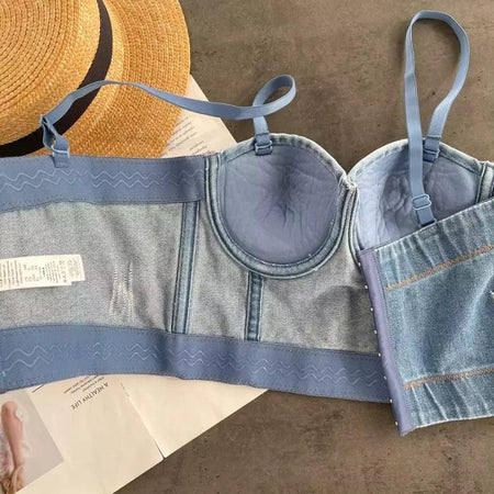 Aster Denim Bustier In Blue - close-up of cups and straps, blue - Miss Mosa By Akanksha