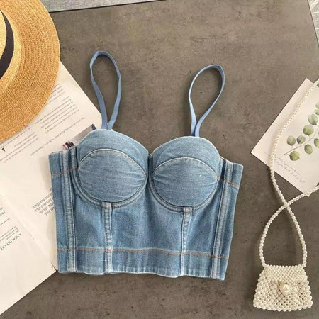 Aster Denim Bustier In Blue - flat-lay product shot, blue - Miss Mosa By Akanksha