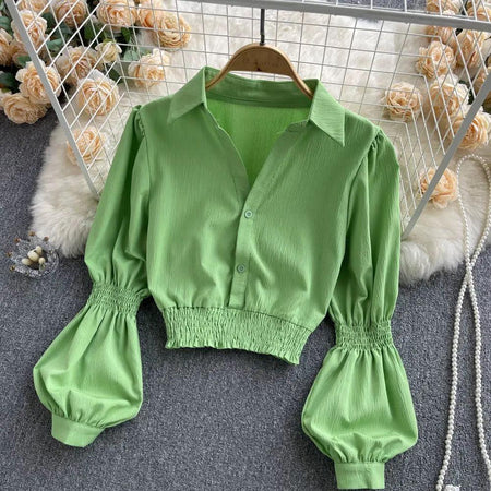 Astley Buttoned Y2K Summer Top - front shot on hanger, green - Miss Mosa By Akanksha