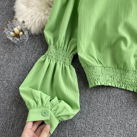 Astley Buttoned Y2K Summer Top - close-up of cuff, green - Miss Mosa By Akanksha