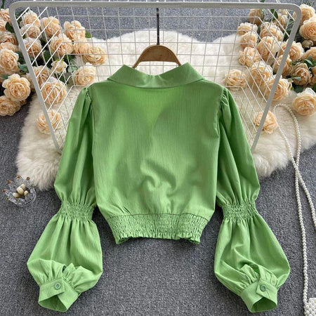 Astley Buttoned Y2K Summer Top - back shot on hanger, green - Miss Mosa By Akanksha