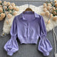 Astley Buttoned Y2K Summer Top - front shot on hanger, lilac - Miss Mosa By Akanksha