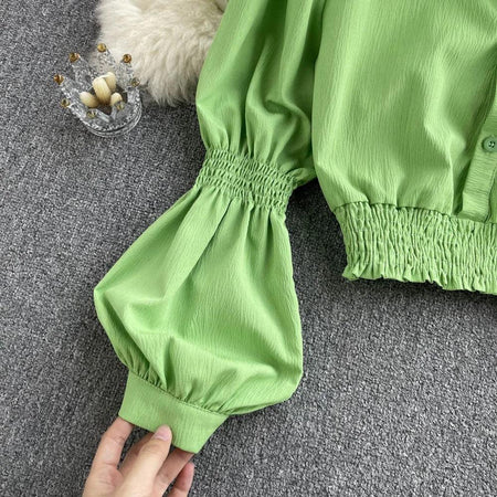 Astley Buttoned Y2K Summer Top - close-up of sleeve, green - Miss Mosa By Akanksha
