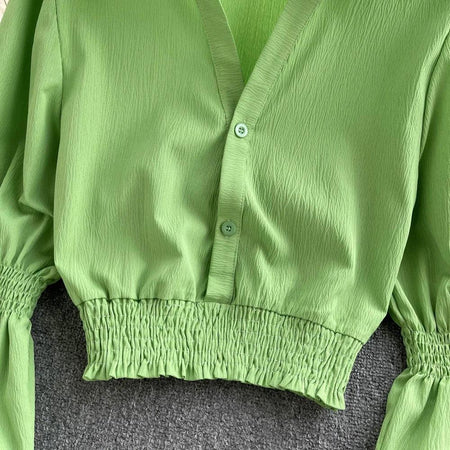 Astley Buttoned Y2K Summer Top - close-up of buttons, green - Miss Mosa By Akanksha
