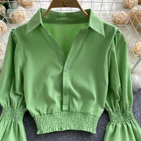 Astley Buttoned Y2K Summer Top - front shot on hanger, green - Miss Mosa By Akanksha