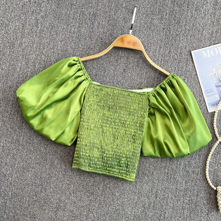 Astor Crop Top - back shot on hanger, green - Miss Mosa By Akanksha