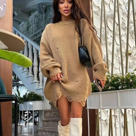 Avery Statement Winter Dress - full-length shot on model, beige - Miss Mosa By Akanksha